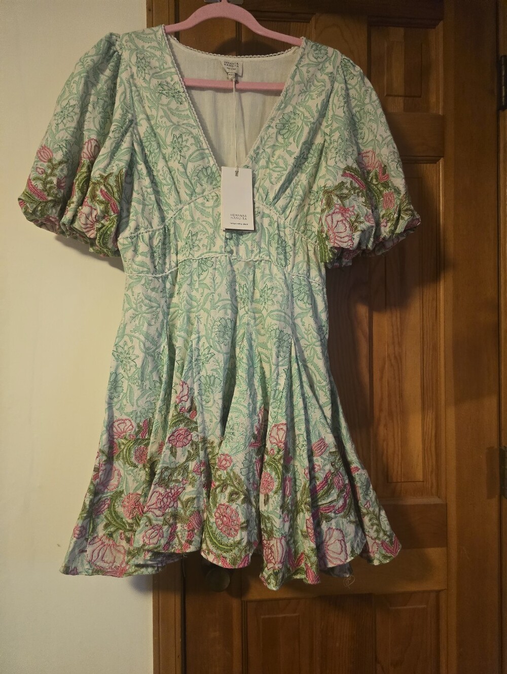 Floral Puff-Sleeve V-Neck Hemant & Nandita Mini Dress — Mint & Pink New With Tag